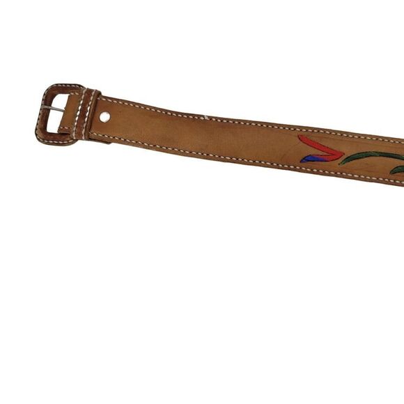 Vintage 70s Leather Belt Artisan M/L 37" Tan Rainbow Embroidered Parrot Western - Picture 6 of 10